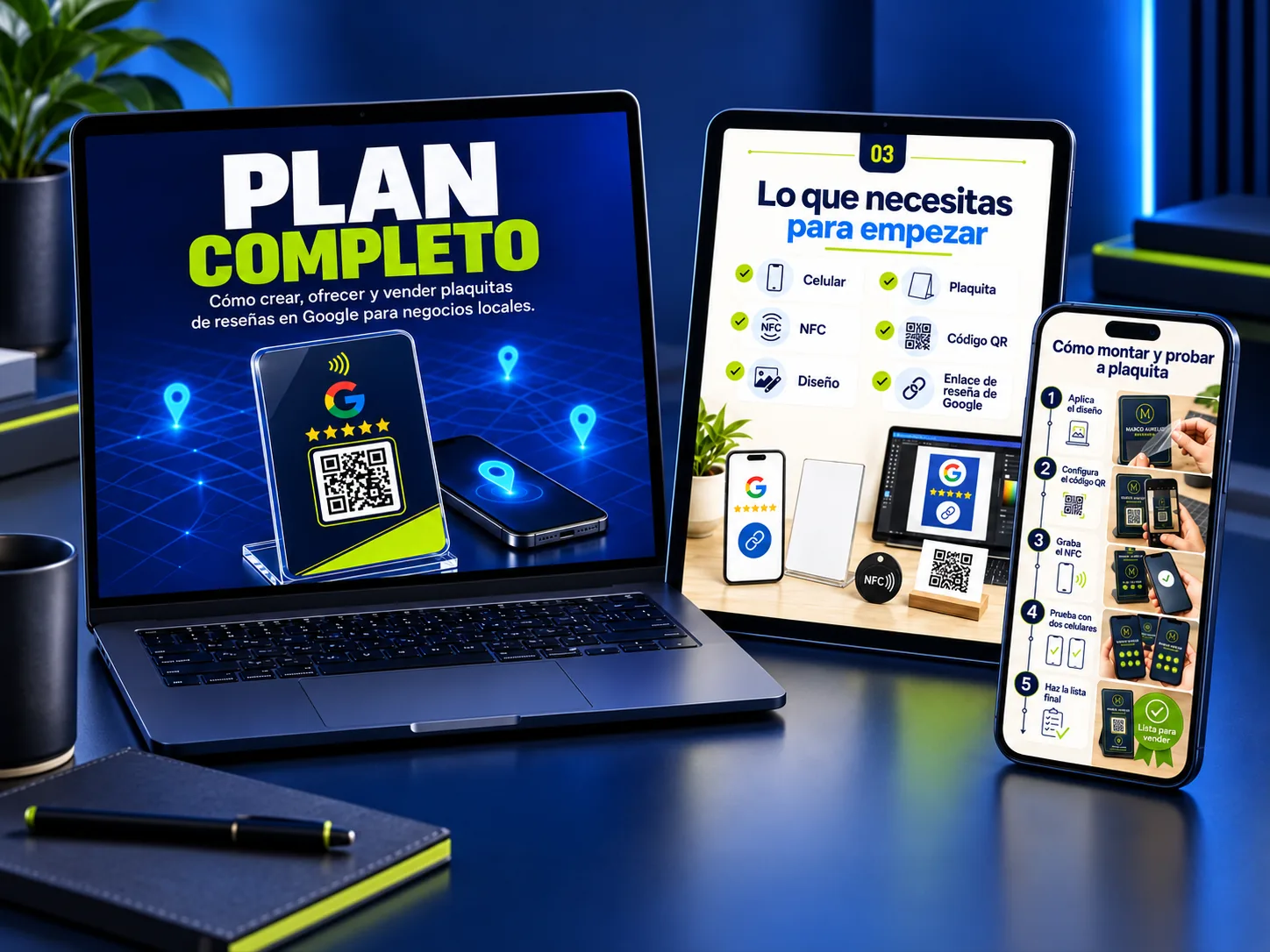 Plan completo mostrado en una computadora portátil, una tableta y un celular